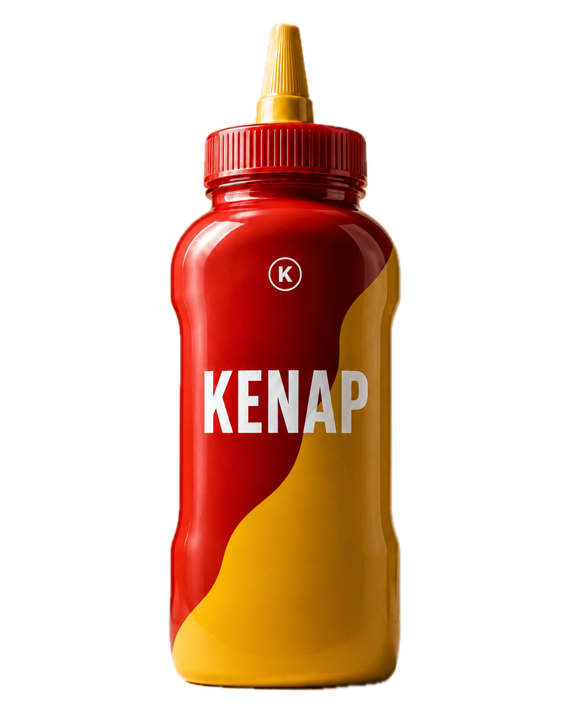 Kenap-flaska, halvt ketchupröd och halvt senapsgul